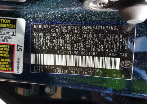 2020 Toyota Camry Xle Awd z USA, uszkodzony, nr VIN 4T1F11BK0LU001167